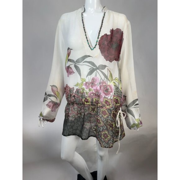 Yuka Beach Floral Embellished Chiffon Tunic Top L White Multicolor Lightweight - Picture 15 of 16